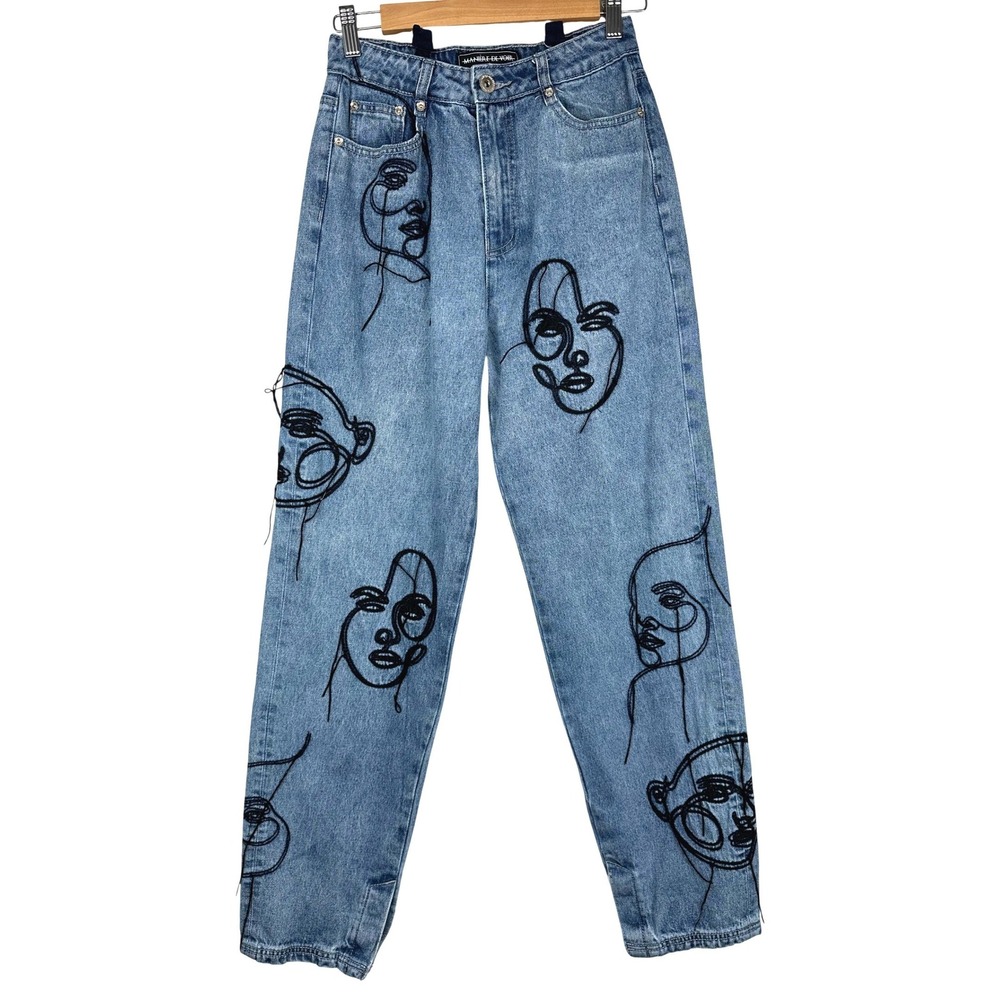 Maniere De Voir Line Art Mom Jeans Blue Embroidered Face Denim Pants Size 6 - Picture 3 of 14